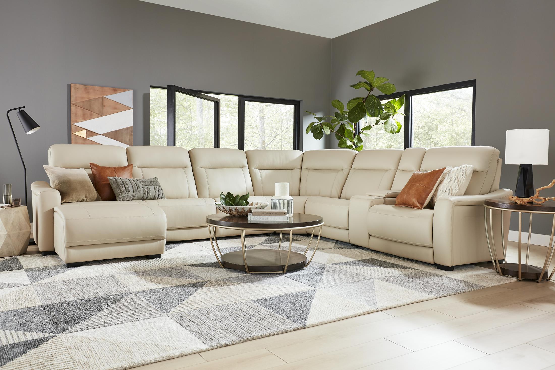 Newport 6-Piece Almond Leather Power Reclining Sectional with Chaise - Set