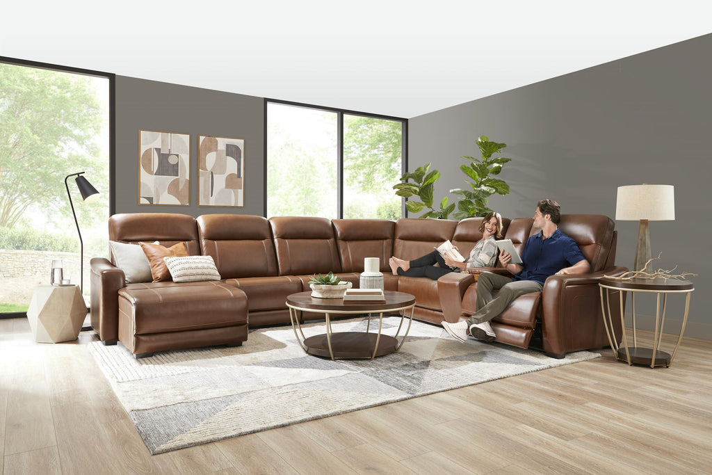 Newport 6-Piece Brown Leather Power Reclining Sectional with Chaise - Set
