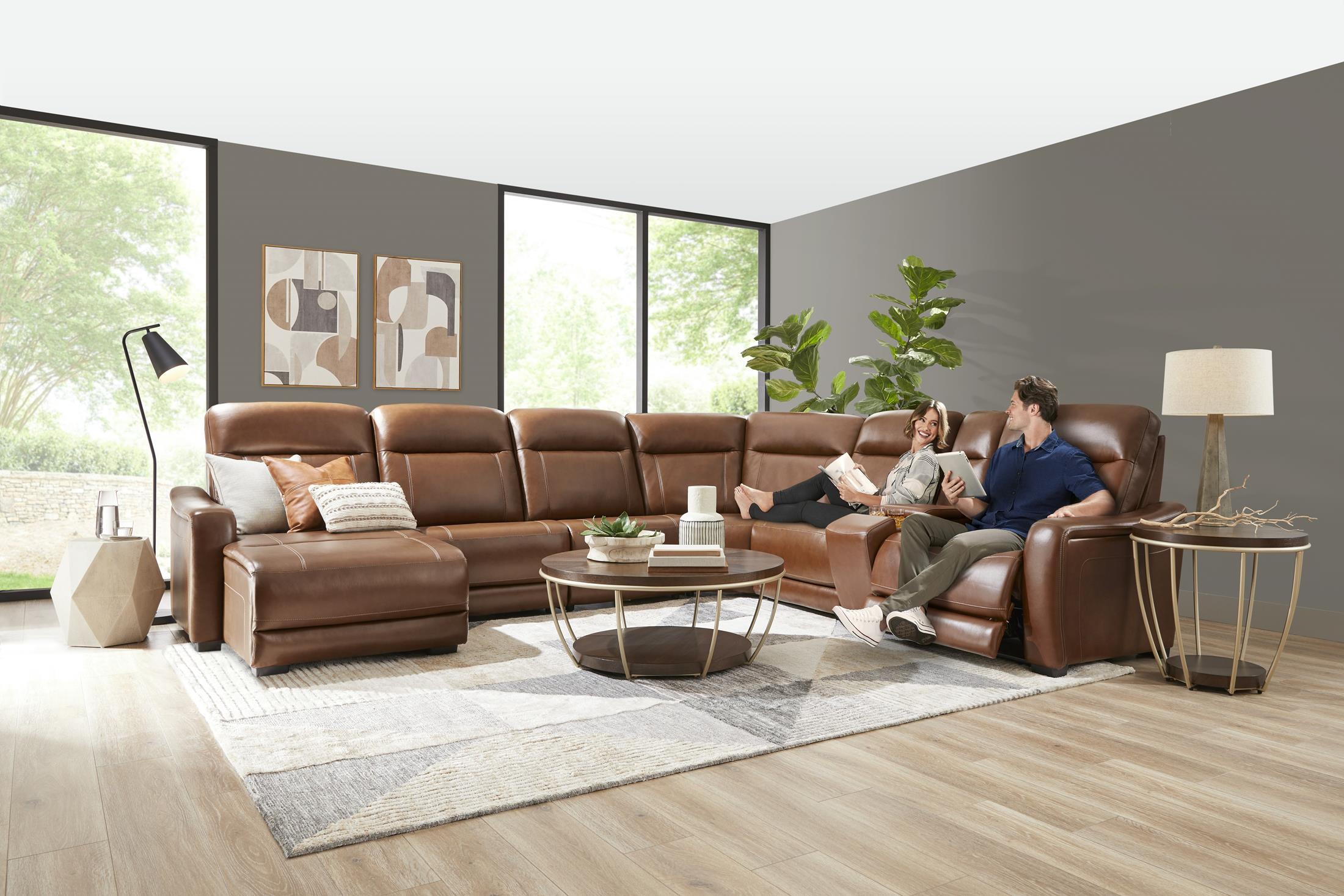 Newport 6-Piece Brown Leather Power Reclining Sectional with Chaise - Set