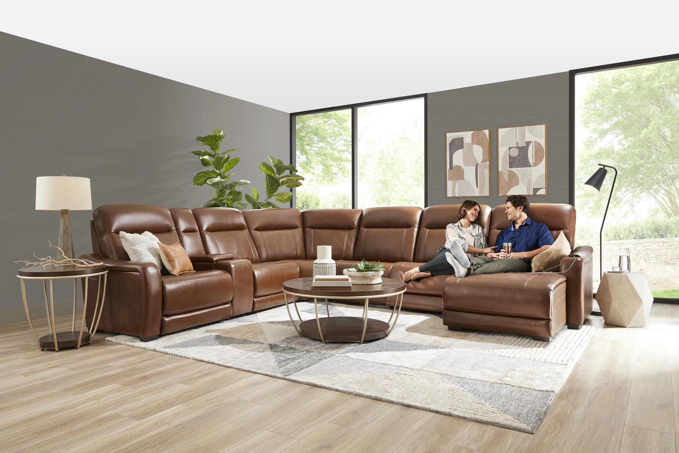 Newport 6-Piece Brown Leather Power Reclining Sectional with Chaise - Set
