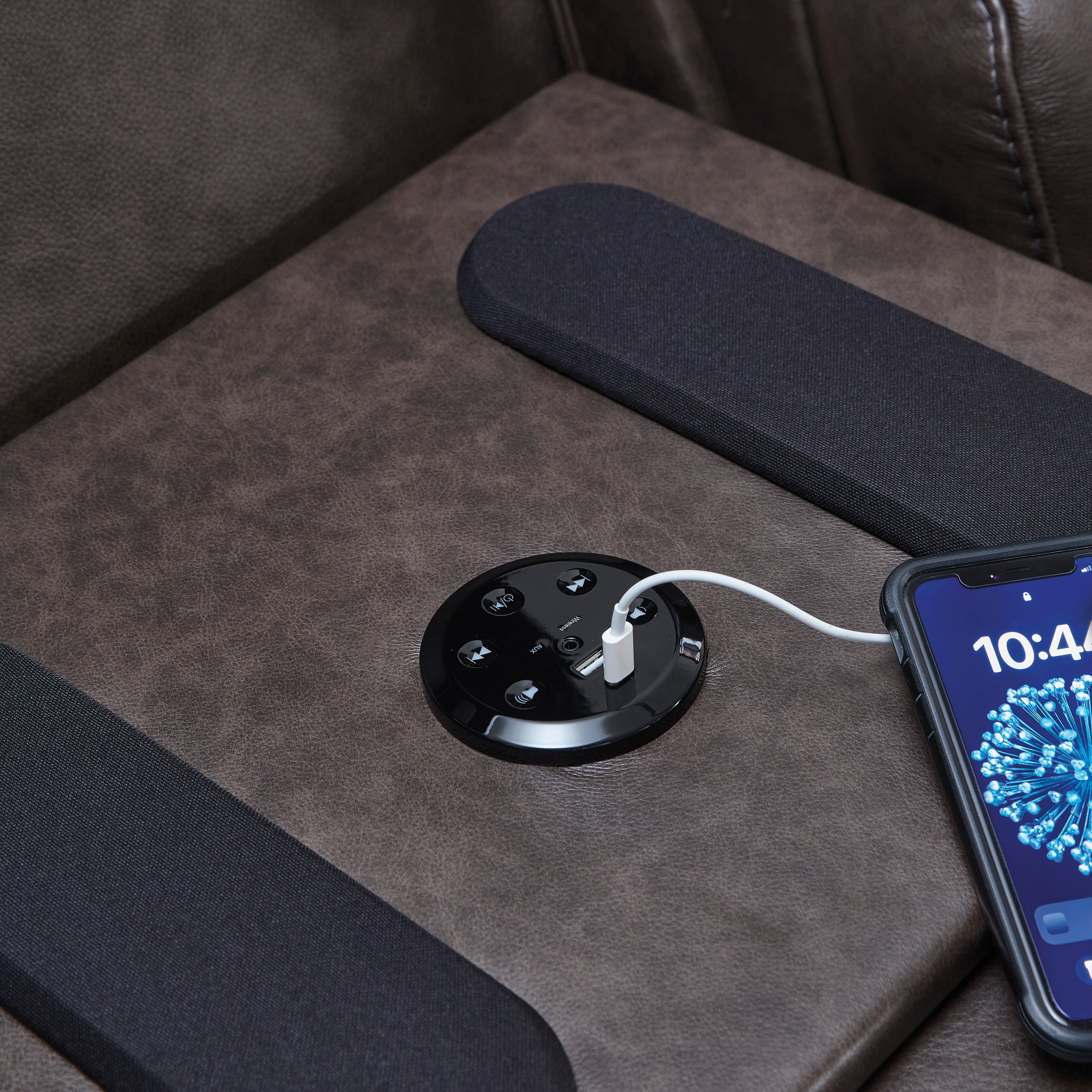 Beadel Leather Power Reclining Sofa with Drop Down Table - Dining Table