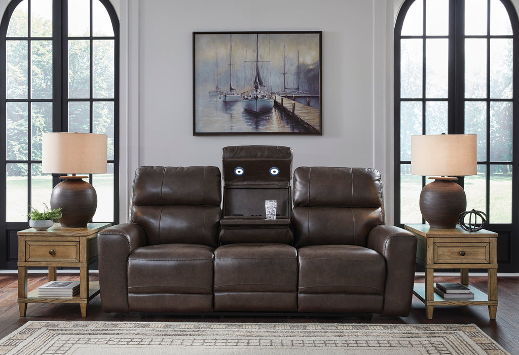 Beadel Leather Power Reclining Sofa with Drop Down Table - Dining Table