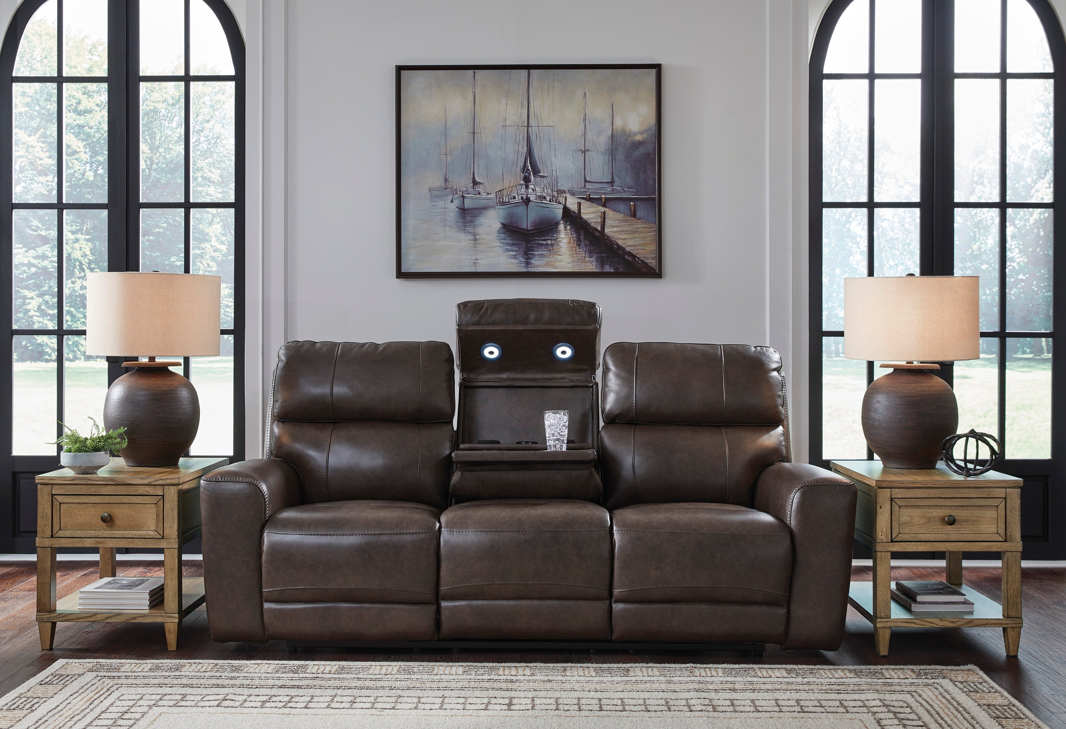 Beadel Leather Power Reclining Sofa with Drop Down Table - Dining Table