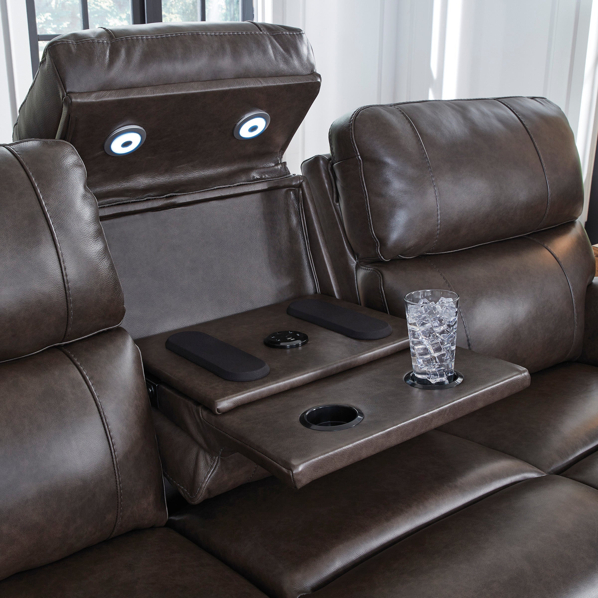 Beadel Leather Power Reclining Sofa with Drop Down Table - Dining Table