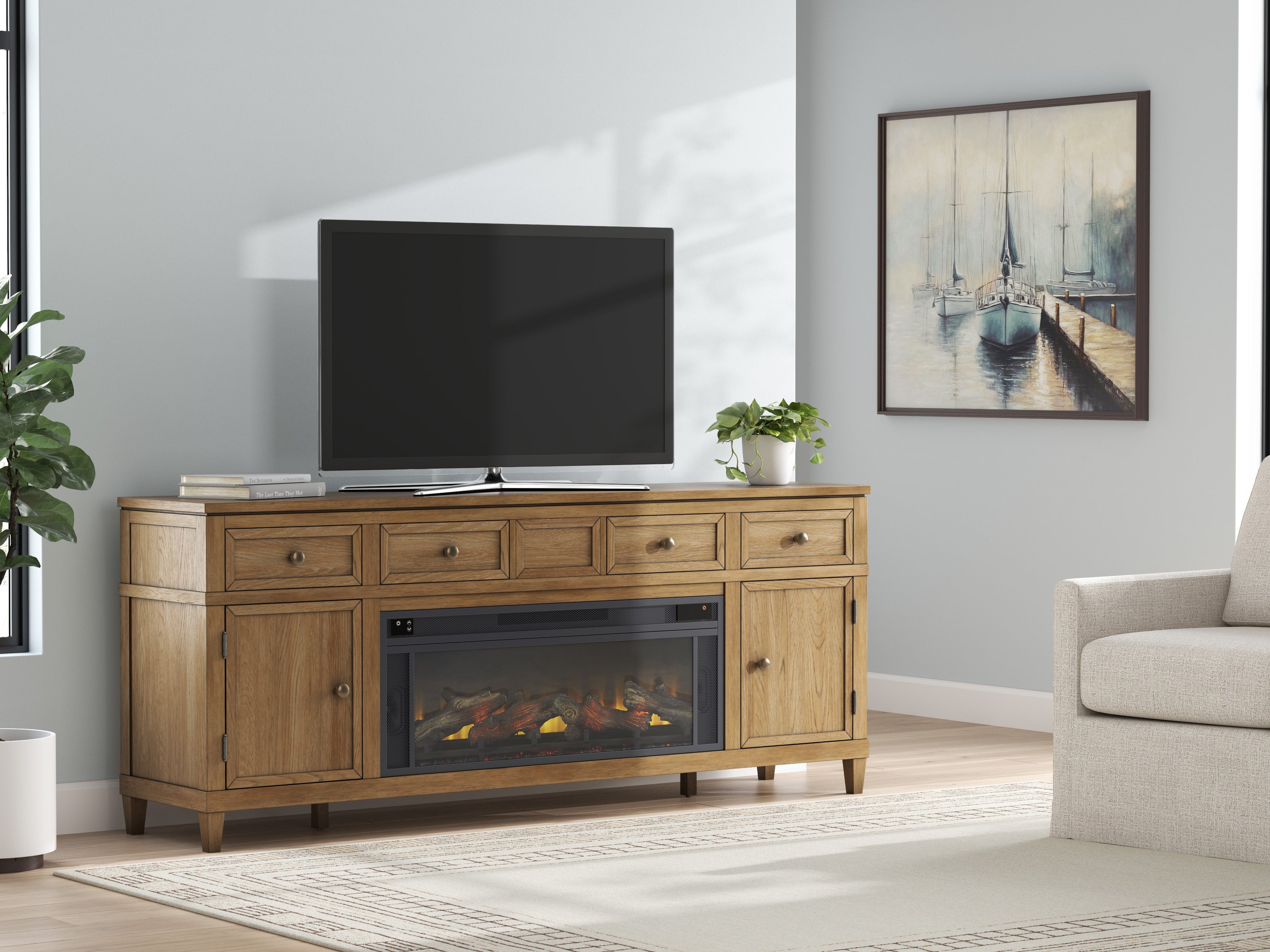 Sharlance 81 TV Stand with Electric Log Fireplace - Indoor